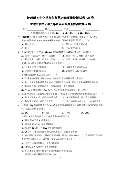 沪教版初中化学九年级第六章质量检测试卷AB卷及参考答案
