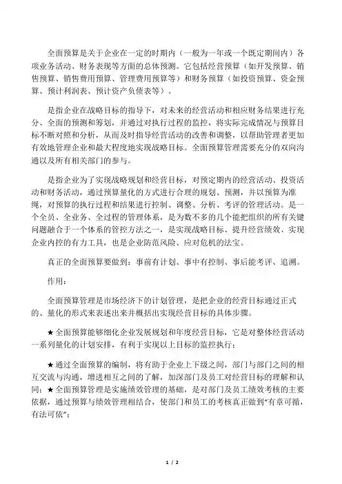 全面预算的定义及作用