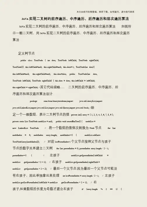 JAVA实现二叉树的前序遍历、中序遍历、后序遍历和层次遍历算法