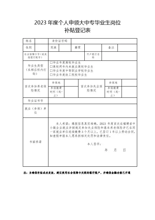 2023年度个人申领大中专毕业生岗位补贴登记表