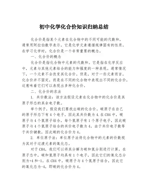 初中化学化合价知识归纳总结