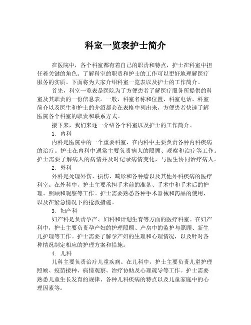 科室一览表护士简介