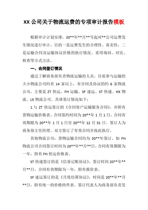 XX公司关于物流运费的专项审计报告模板
