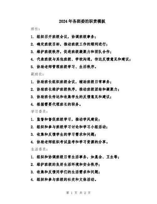 2024年各班委的职责模板