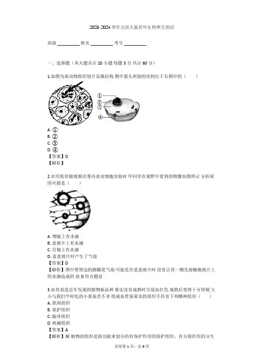 2023-2024学年初中生物北师大版七年级上第2单元 生物体的结构单元测试(含答案解析)