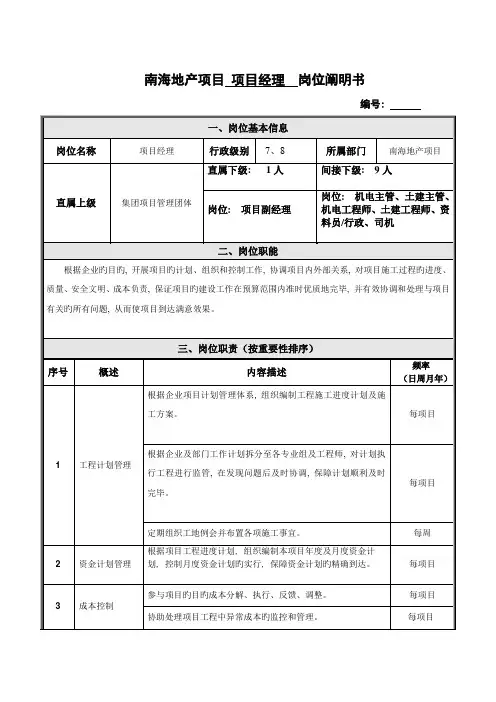 项目经理岗位说明书