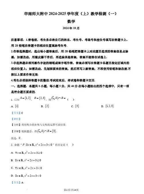 广州市华南师范大学附属中学2024-2025学年高一上学期10月数学教学检测(一)(解析版)