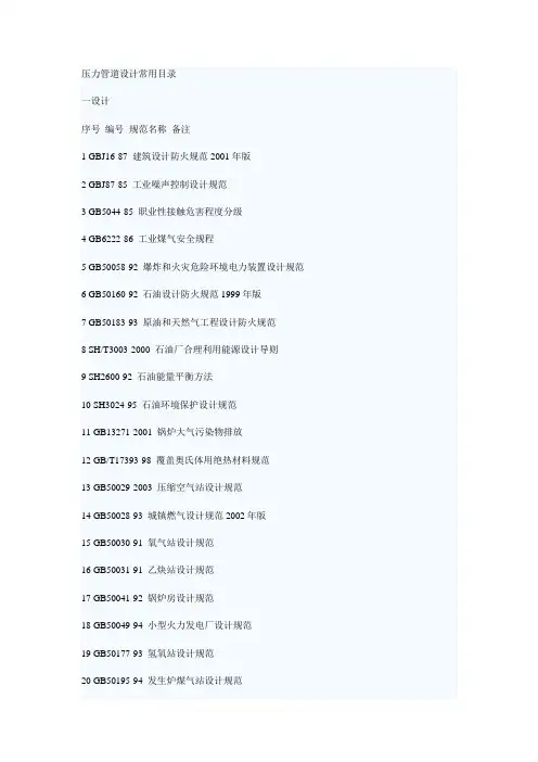 压力管道设计常用标准目录