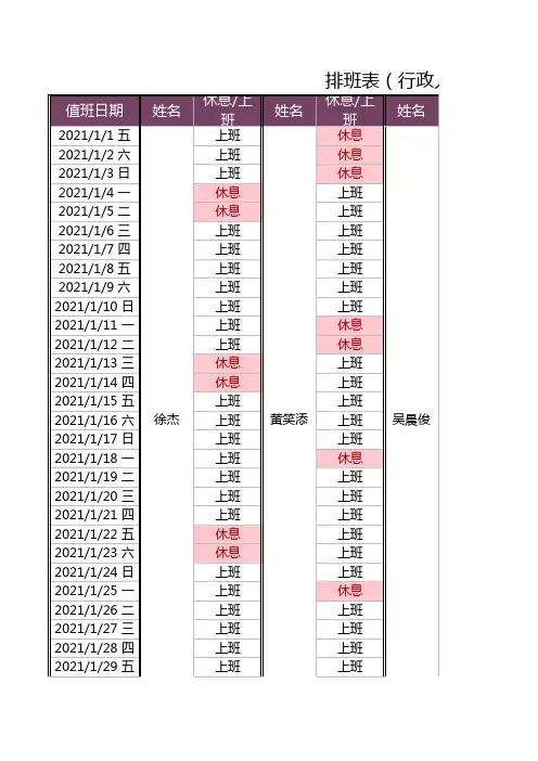 排班表(行政人事员工上班计划)