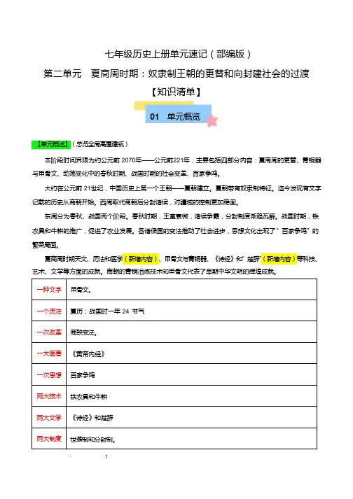 第二单元 夏商周时期：奴隶制王朝的更替和向封建社会的过渡【速记清单】七年级历史上册(统编版2024)