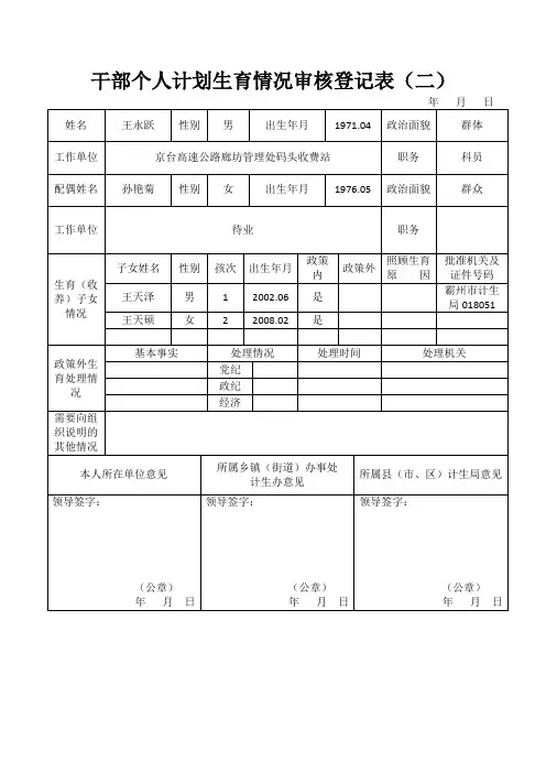 干部个人计划生育情况审核登记表