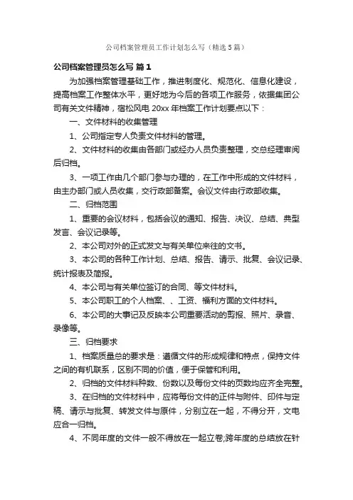 公司档案管理员工作计划怎么写（精选5篇）