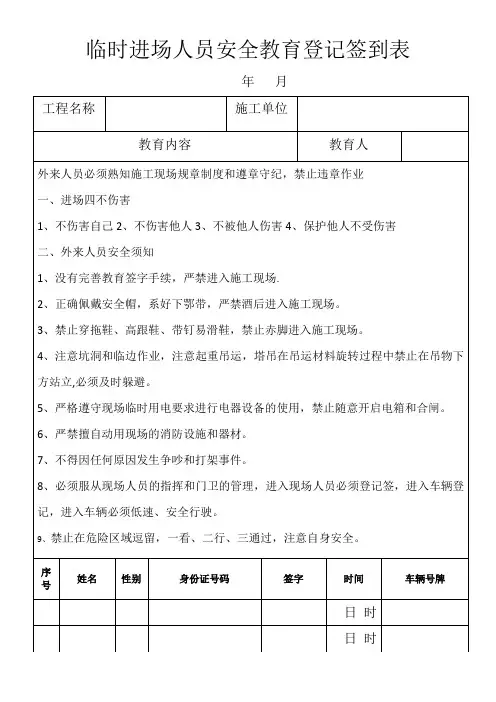 临时进场人员安全教育登记签到表