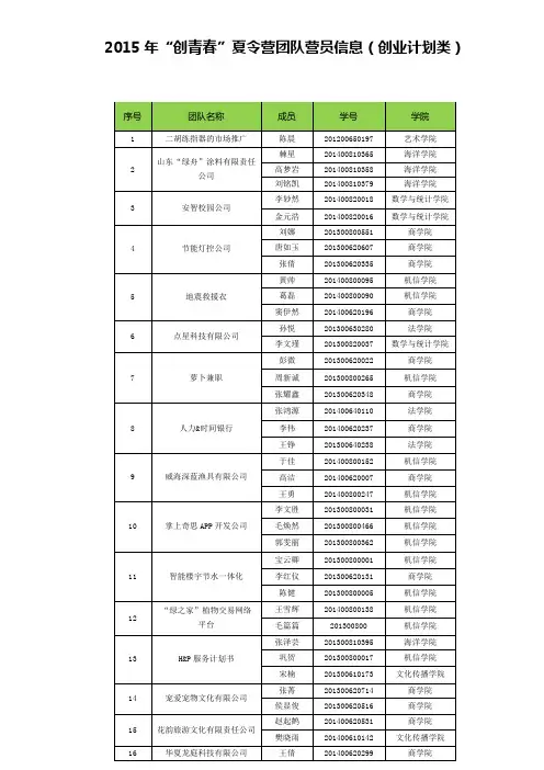 2015年创青春夏令营团队营员信息创业计划类