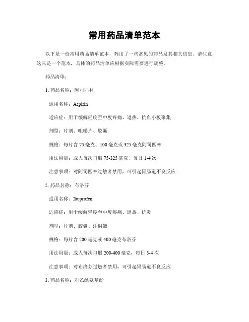 常用药品清单范本