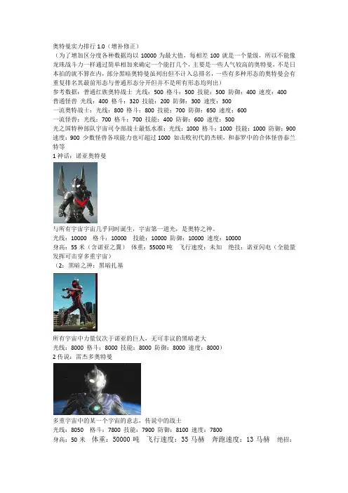 奥特曼实力排行1.0(增补修正)