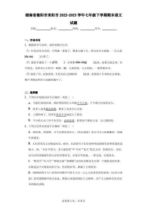 湖南省衡阳市耒阳市2022-2023学年七年级下学期期末语文试题(含答案)
