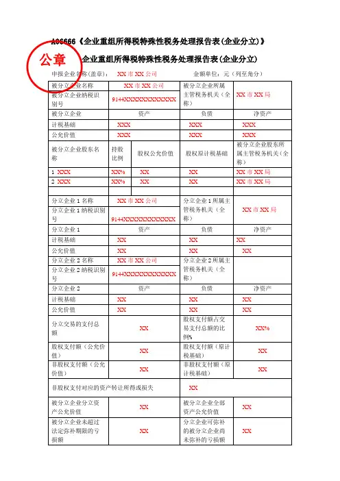 A06666《企业重组所得税特殊性税务处理报告表(企业分立)》(填写样例)