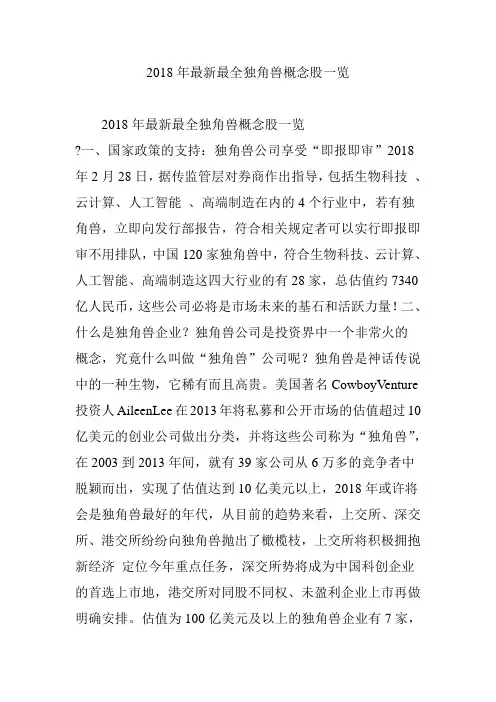 2018年最新最全独角兽概念股一览