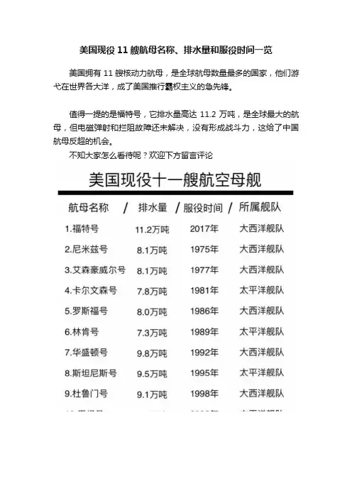 美国现役11艘航母名称、排水量和服役时间一览