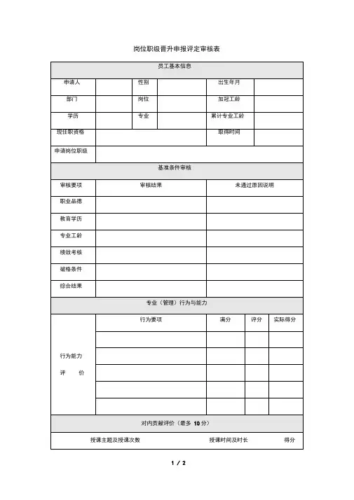 岗位职级晋升申报评定审核表