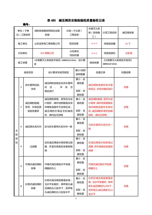 表480减压阀的安装检验批质量验收记录