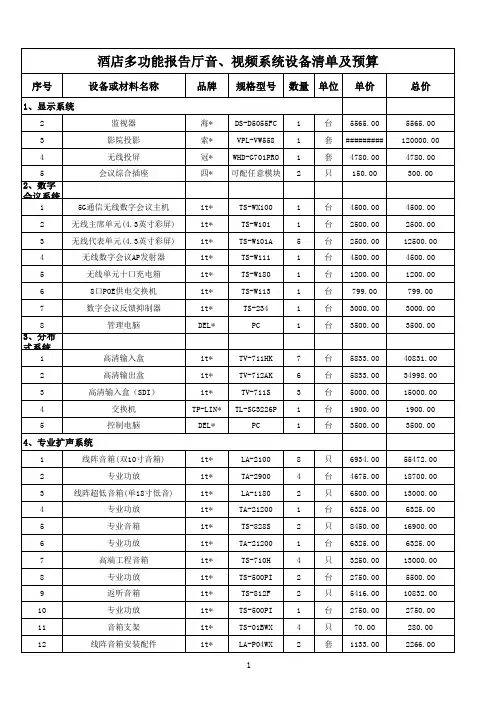 酒店多功能报告厅音、视频系统设备清单及预算