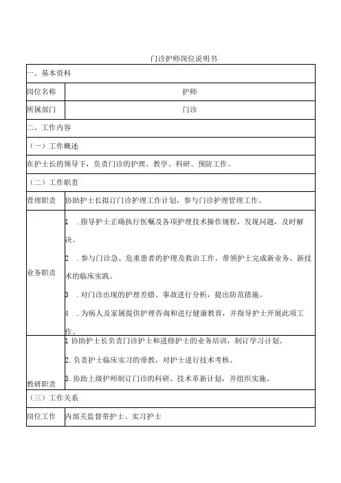 门诊护师岗位说明书