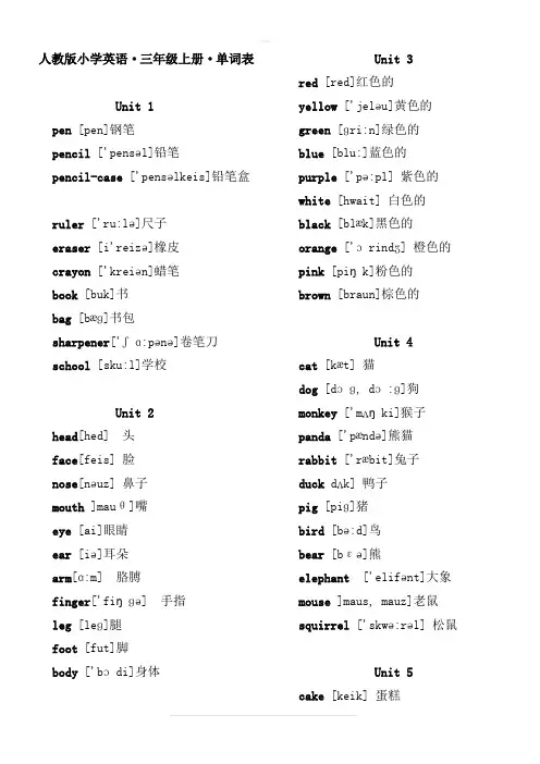人教版小学英语·(三年级起点)单词表(带音标)