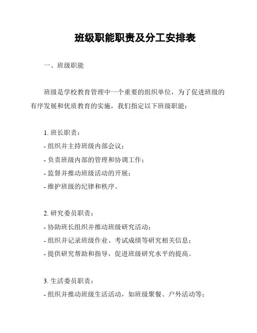 班级职能职责及分工安排表
