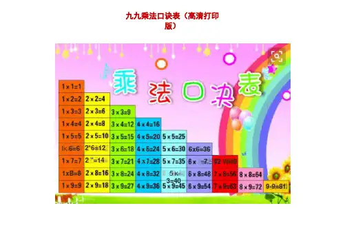 九九乘法口诀表高清打印版