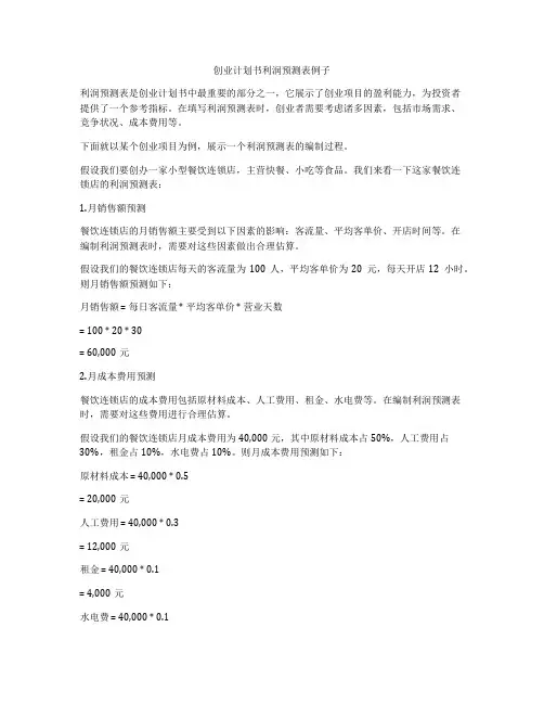 创业计划书利润预测表例子