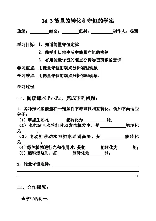 14.3能量的转化和守恒的学案