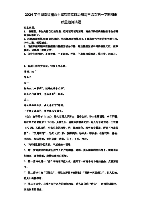 2024学年湖南省湘西土家族苗族自治州高三语文第一学期期末质量检测试题含解析