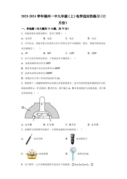福建省福州第一中学2023-2024学年九年级上学期12月月考物理试题(含解析)