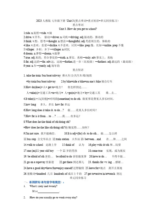Unit 3 重点单词 重点短语 单元同步练习