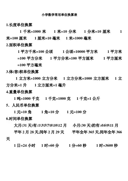 小学数学常用单位换算表