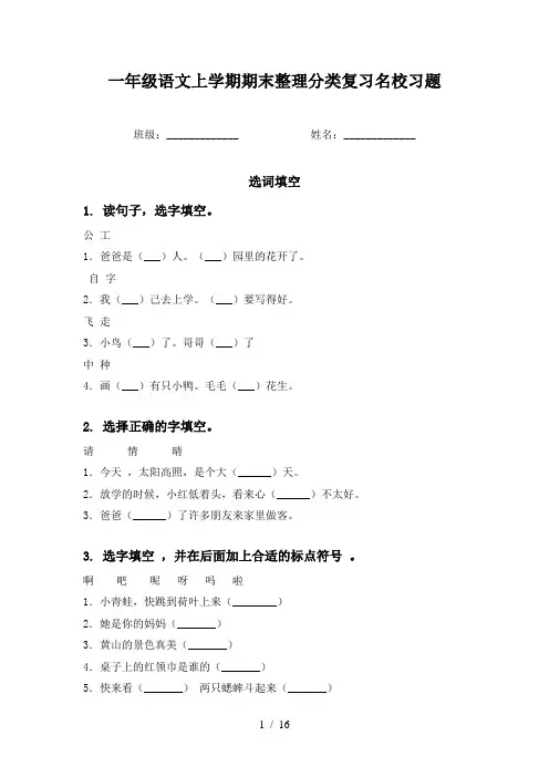 一年级语文上学期期末整理分类复习名校习题