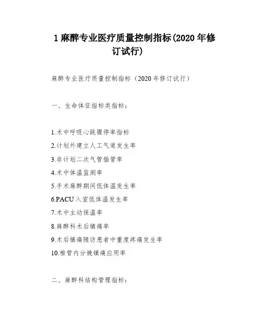 1麻醉专业医疗质量控制指标(2020年修订试行)