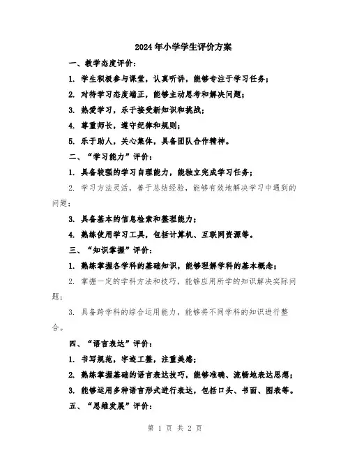 2024年小学学生评价方案