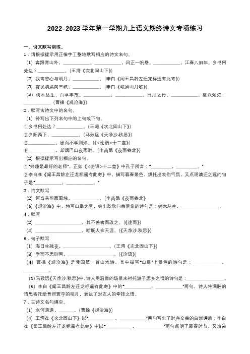 2022-2023学年人教部编版九年级语文上册期末古诗文专项复习含答案