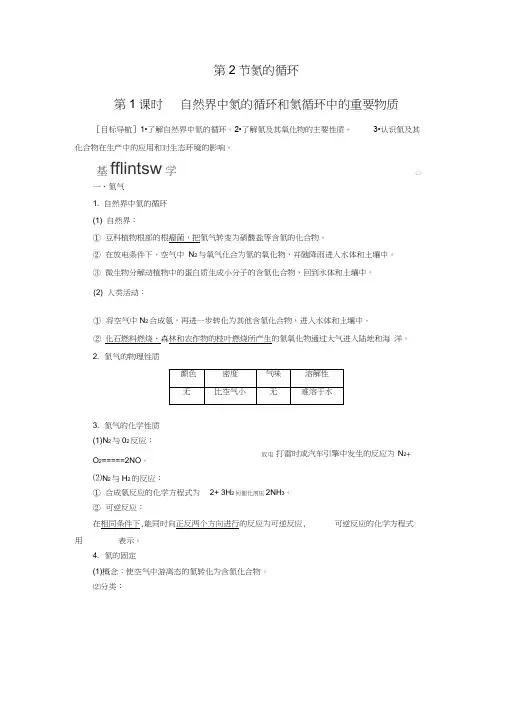 (完整版)2018版高中化学鲁科版必修1学案：3.2.1自然界中氮的循环和氮循环中的重要物质Word