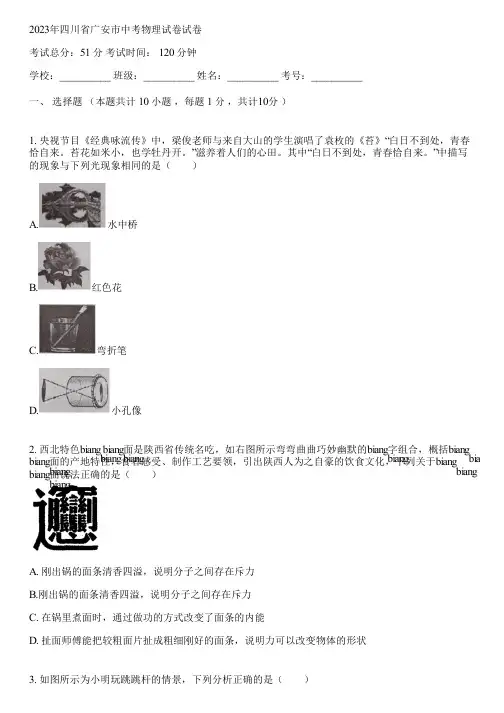 2023年四川省广安市中考物理试卷(含答案解析)120609