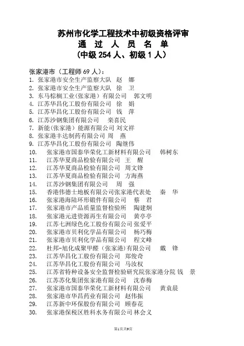 苏州市化学工程技术中初级资格评审