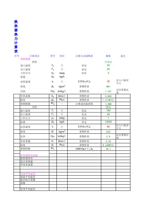 换热器热力计算表