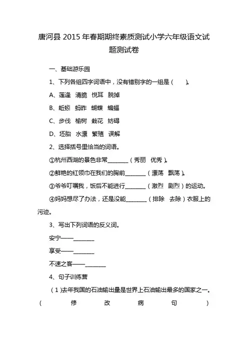 唐河县2015年春期期终素质测试小学六年级语文试题测试卷