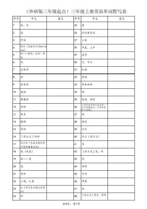 外研版三年级起点,三年级上下册英语单词默写表打印版。