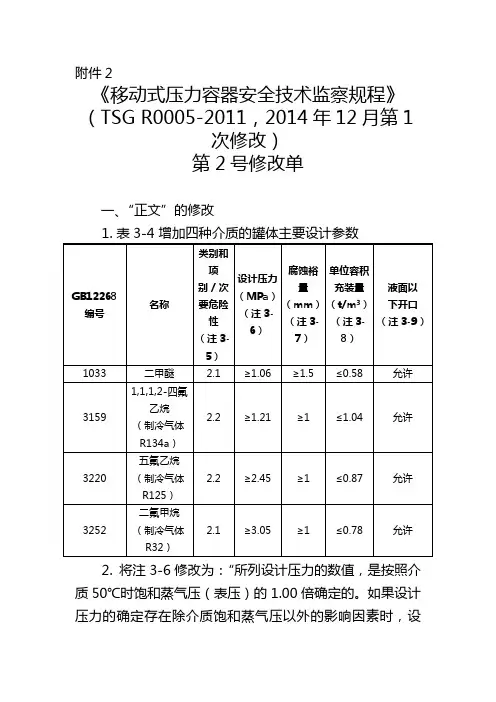 《移动式压力容器安全技术监察规程》(TSG R0005-2011,2014年12月第1次修改)第2号修改单