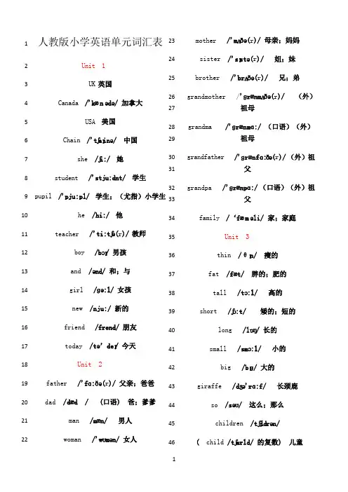 最新人教版 英语三年级下册 单元词汇表