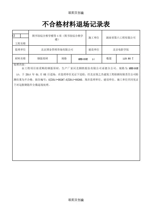 不合格材料退场记录表之欧阳文创编